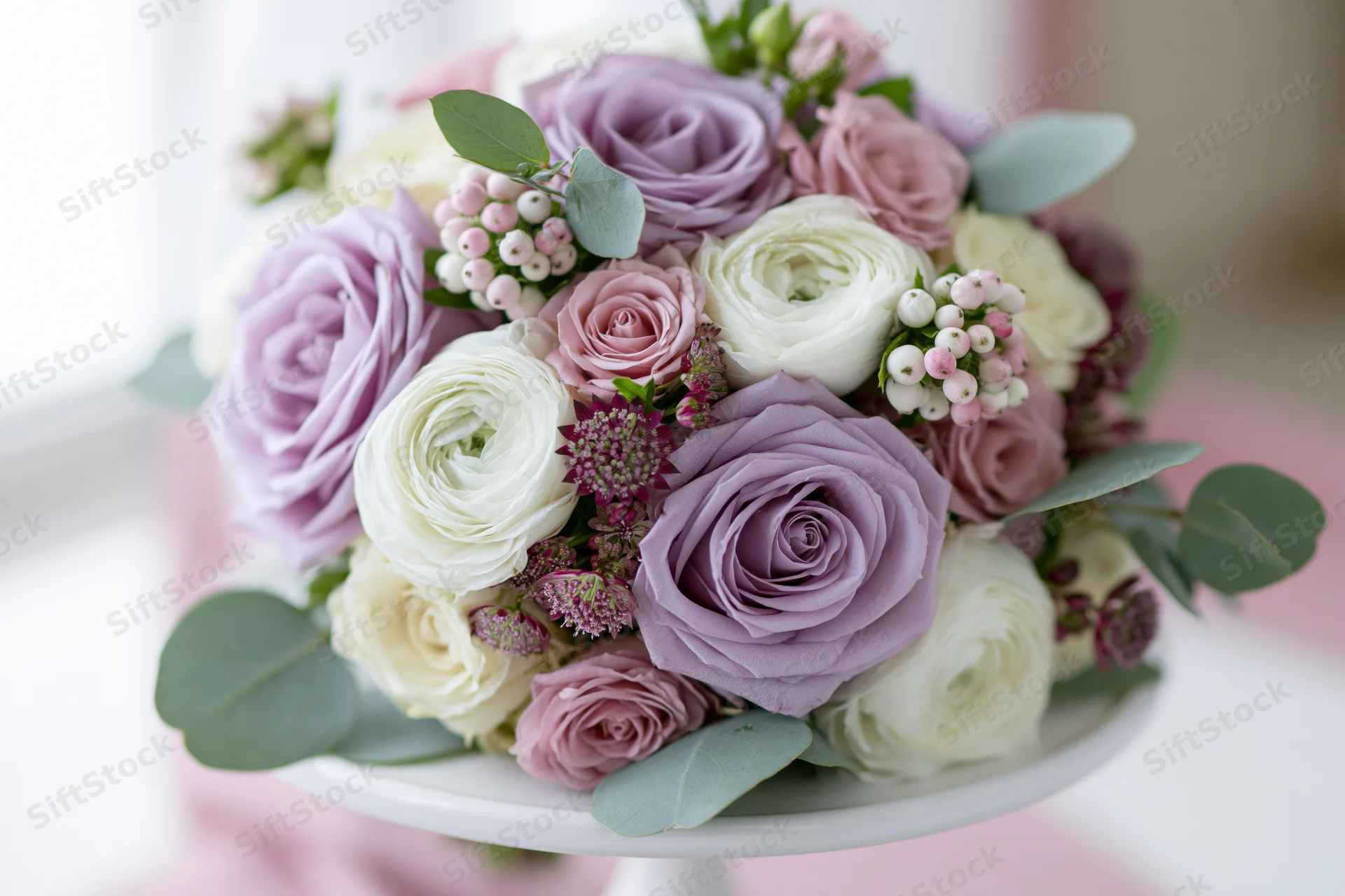A bridal bouquet of lavender roses and white ranunculus arranged with eucalyptus on a white stand