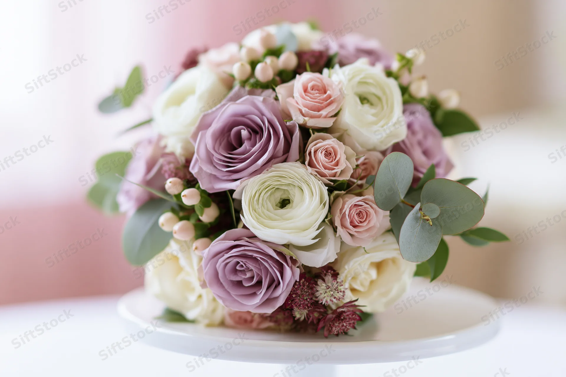 Bridal bouquet of lavender roses and white ranunculus with eucalyptus on a stand