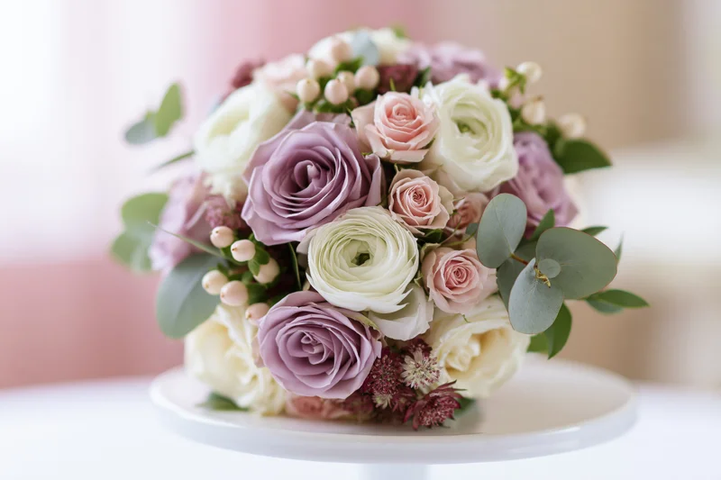 Bridal bouquet of lavender roses and white ranunculus with eucalyptus on a stand