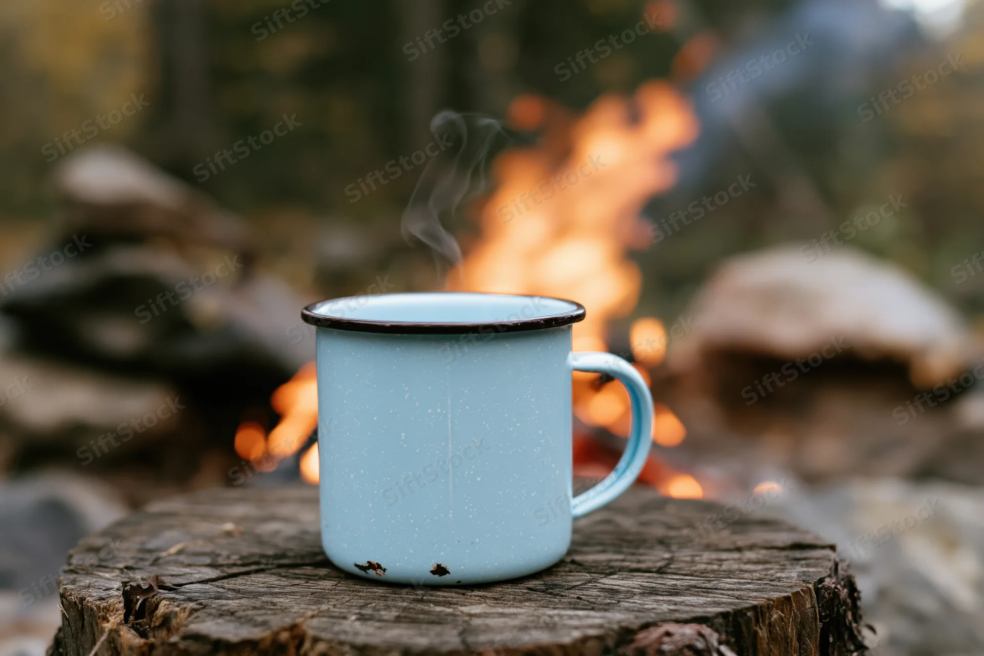 Pale blue enamel camp mug steaming on tree stump by campfire in forest