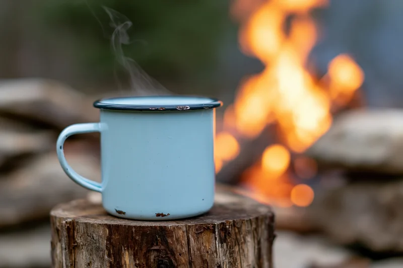 Pale blue enamel camp mug steaming on a tree stump by a campfire in the woods