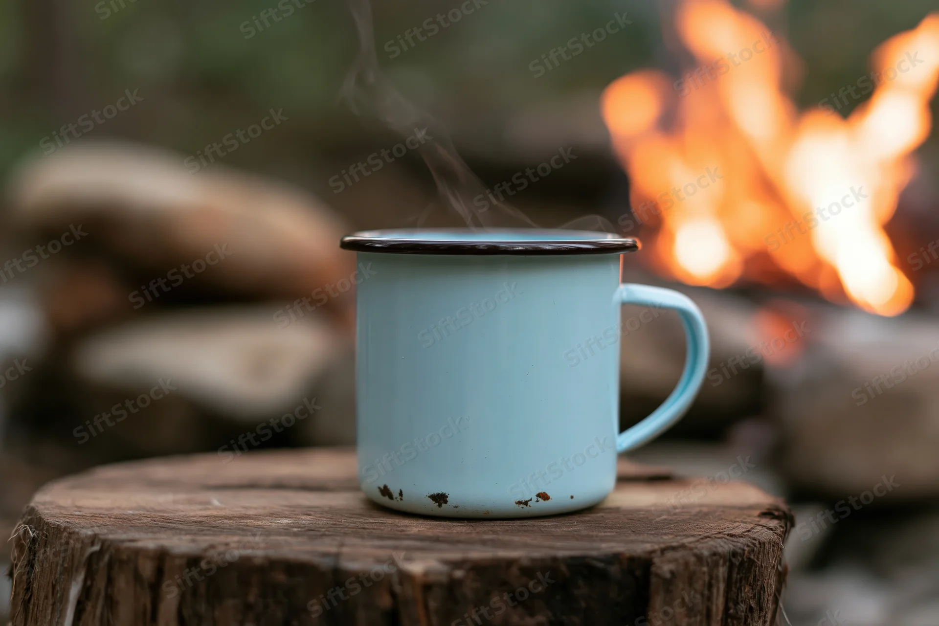 Pale blue enamel camp mug steaming on a tree stump by a campfire in the forest