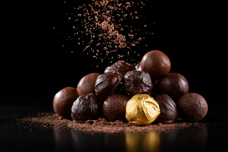 Pile of dark chocolate pralines and truffles with cocoa dust falling on black reflective surface