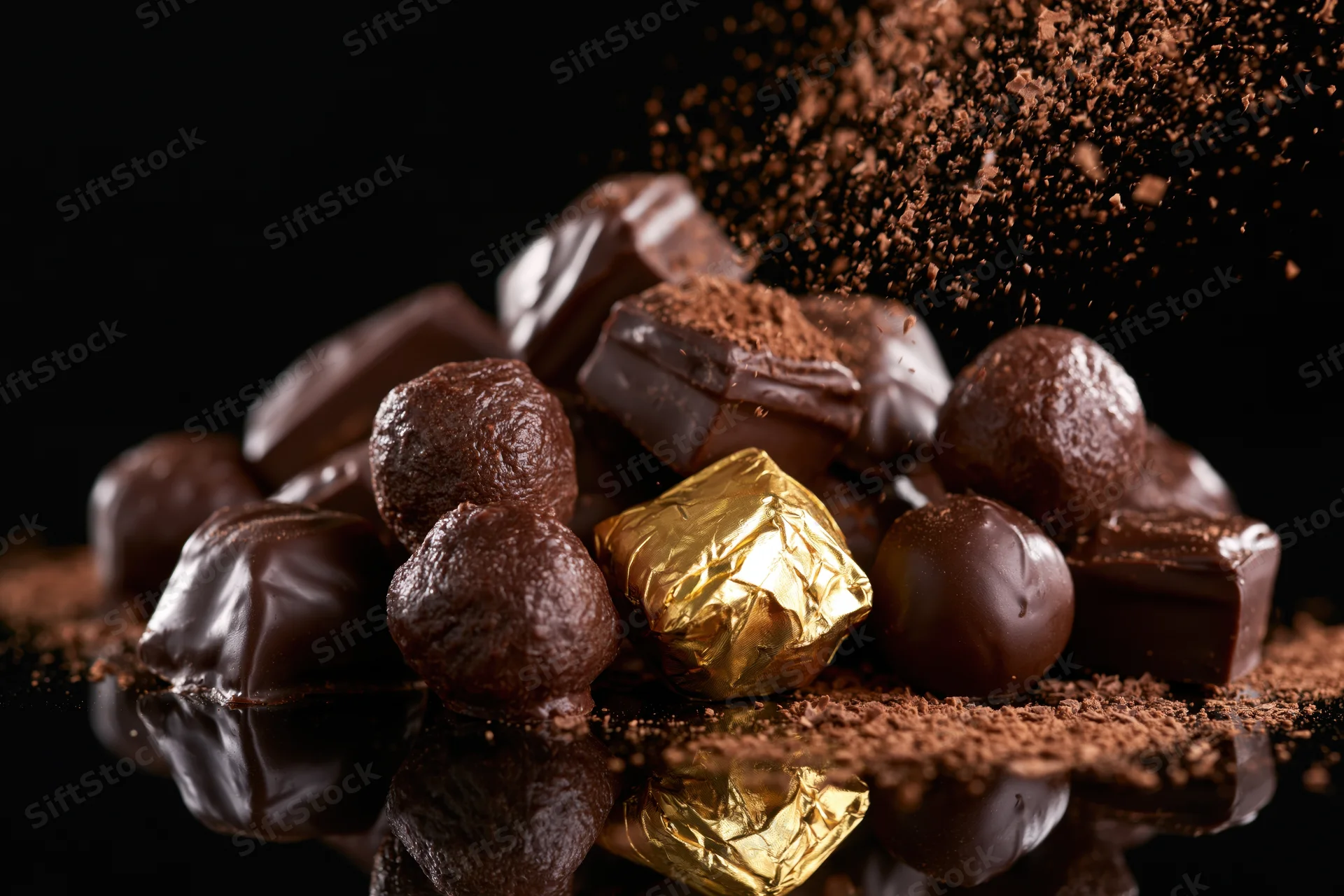 Assorted dark chocolate pralines and truffles piled on a reflective surface with cocoa powder dusting
