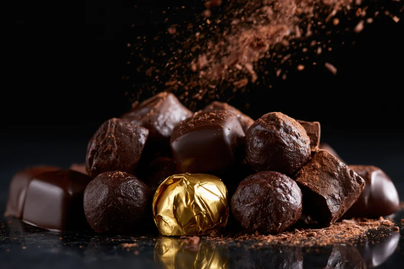 Assorted dark chocolate pralines and truffles piled on a reflective black surface with cocoa powder dusting above