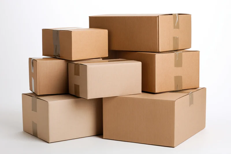 Stacked cardboard shipping boxes sealed with tape on white background