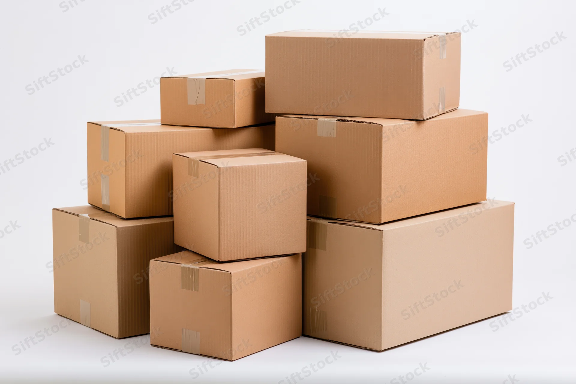 Stack of sealed cardboard shipping boxes arranged in a loose pile on a white background