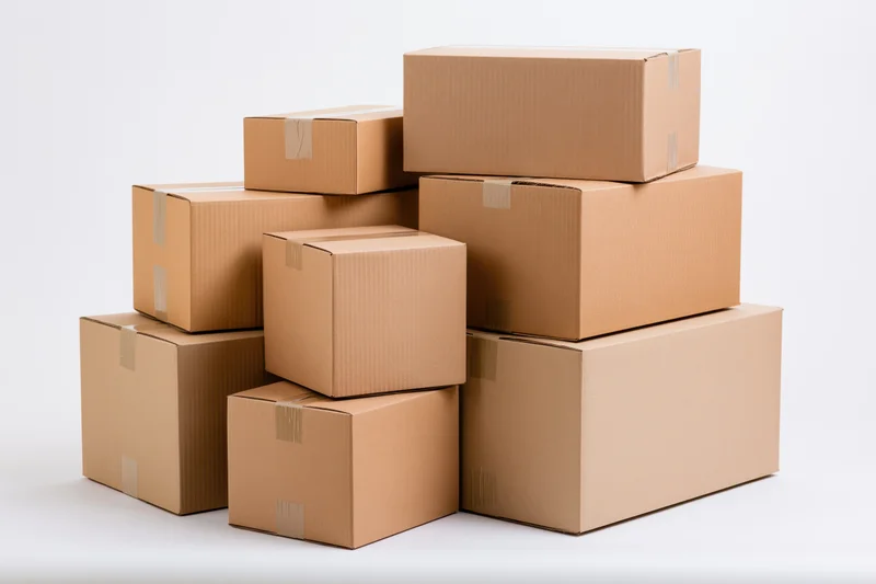 Stack of sealed cardboard shipping boxes arranged in a loose pile on a white background
