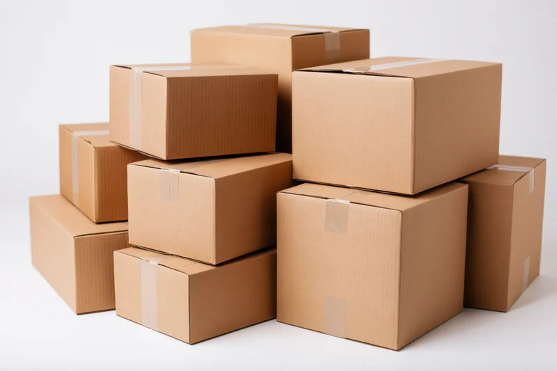 Stack of sealed cardboard shipping boxes piled together on white background