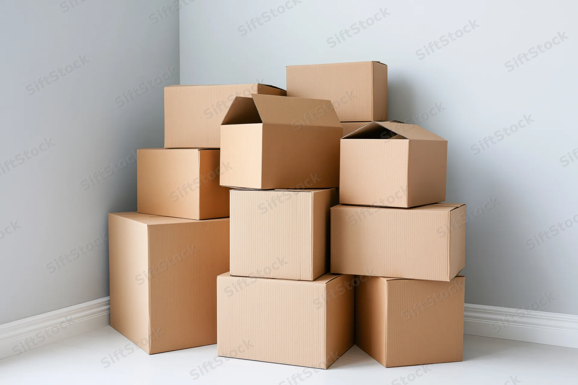 Stacked cardboard moving boxes of various sizes in a room corner