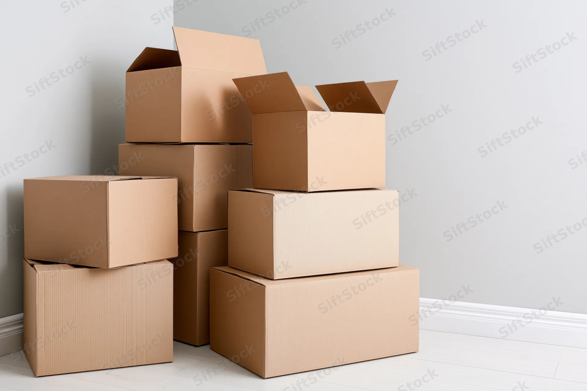 Stacked cardboard moving boxes of various sizes in a corner of a white room