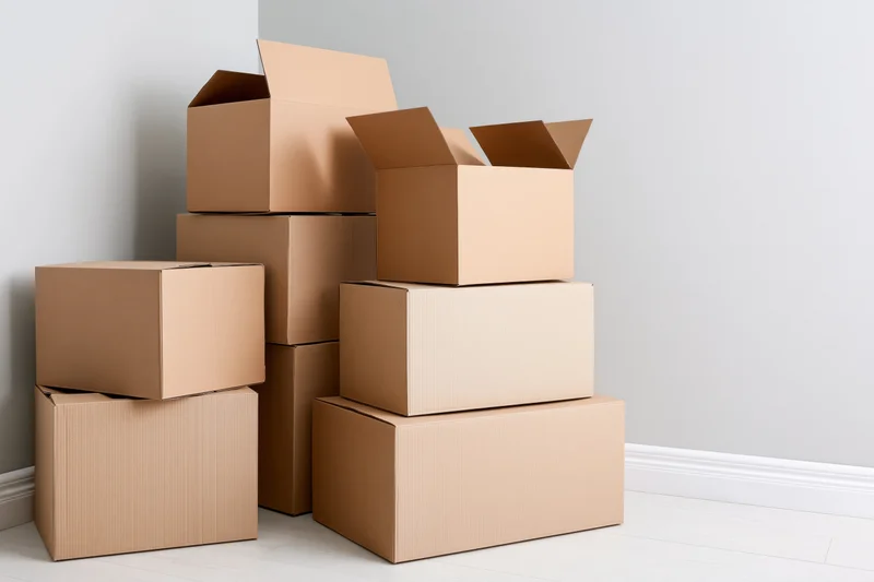 Stacked cardboard moving boxes of various sizes in a corner of a white room
