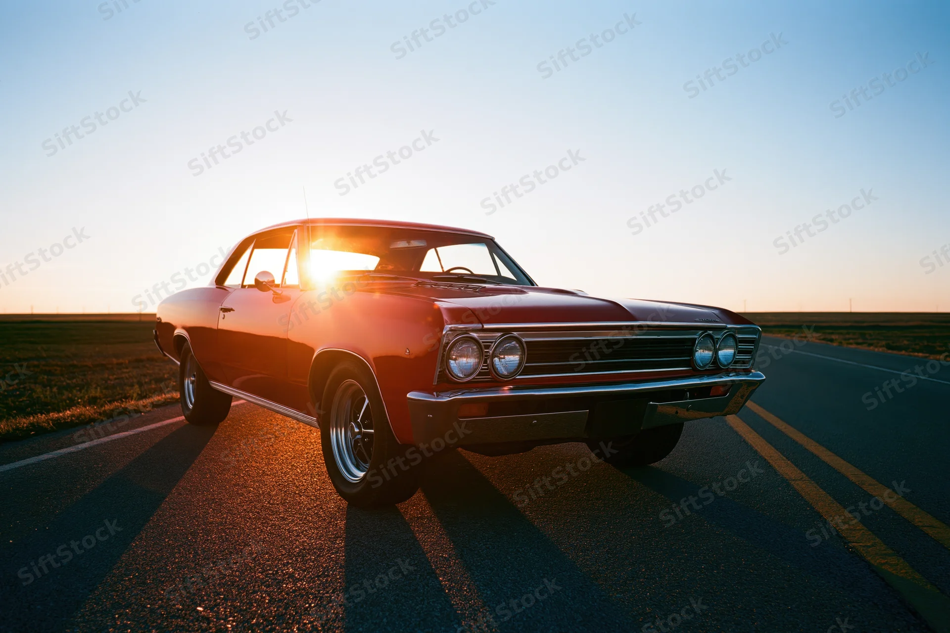 Red 1960s american muscle car parked on two-lane asphalt road at sunset