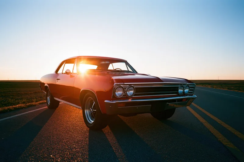 Red 1960s american muscle car parked on two-lane asphalt road at sunset