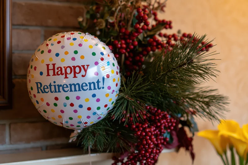 Round foil balloon reading happy retirement placed on a mantel beside a festive floral arrangement with pine and red berries