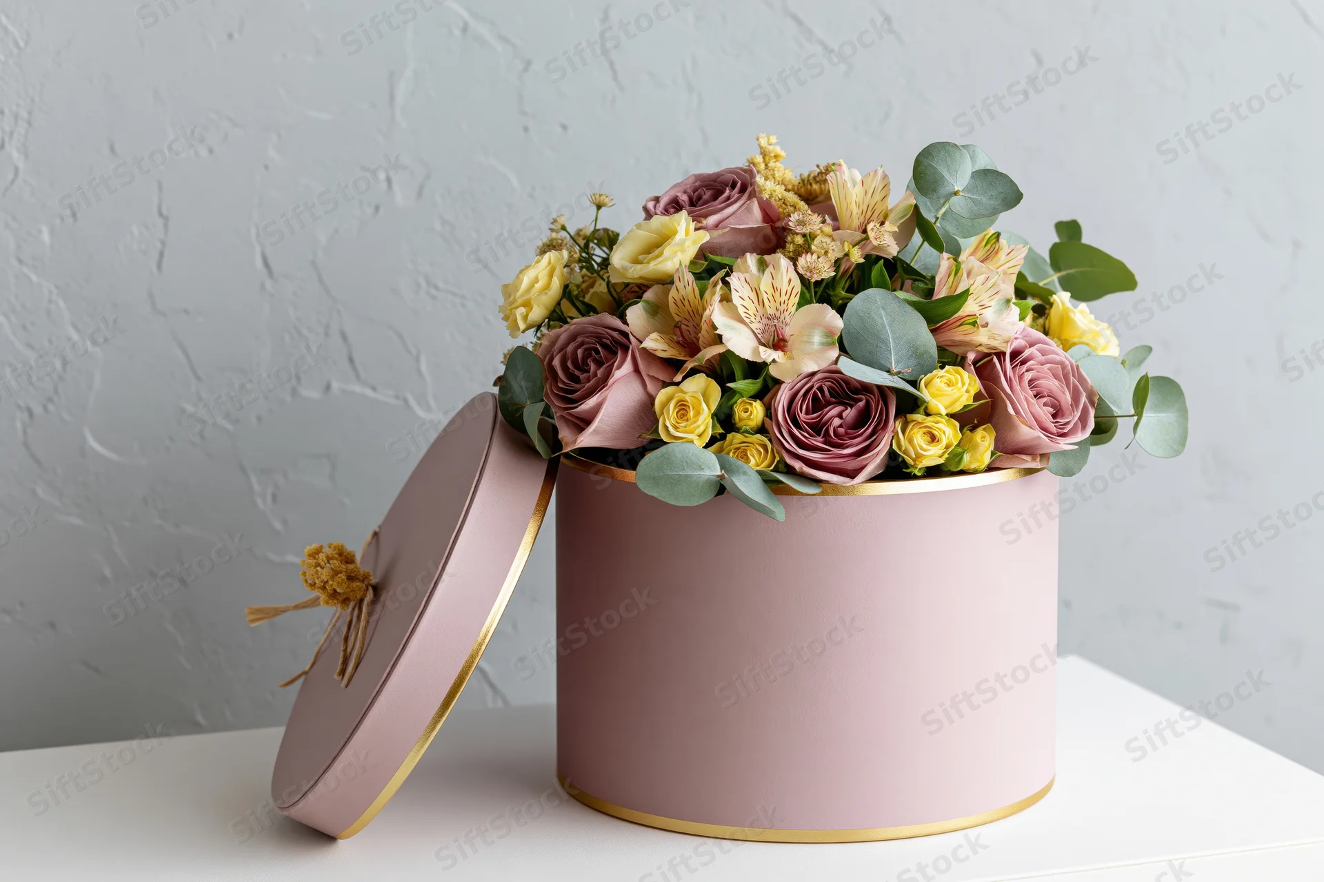 Mixed flower arrangement in a pink and gold hatbox on a white surface