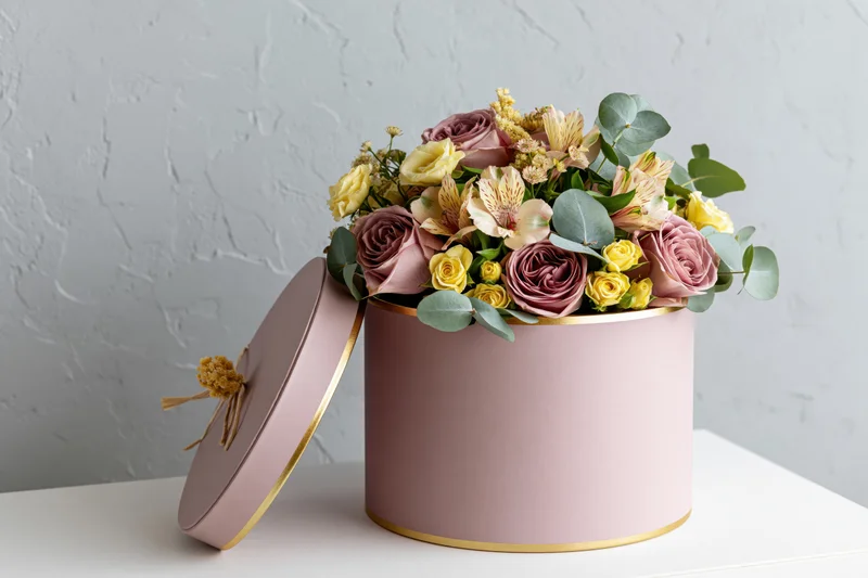 Mixed flower arrangement in a pink and gold hatbox on a white surface