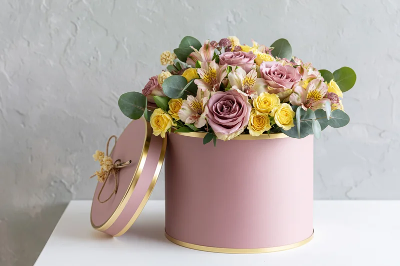 Mixed flower bouquet in a pink and gold hatbox on a white surface