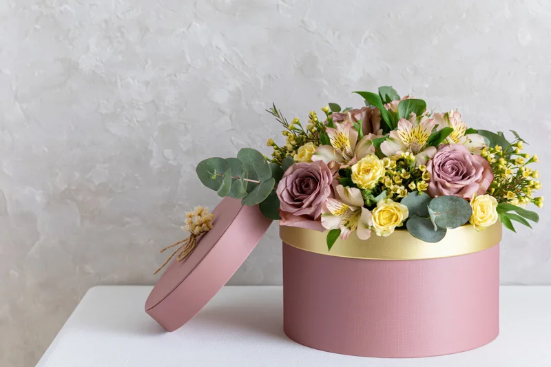 Mixed flower arrangement in a pink and gold hatbox on a white table