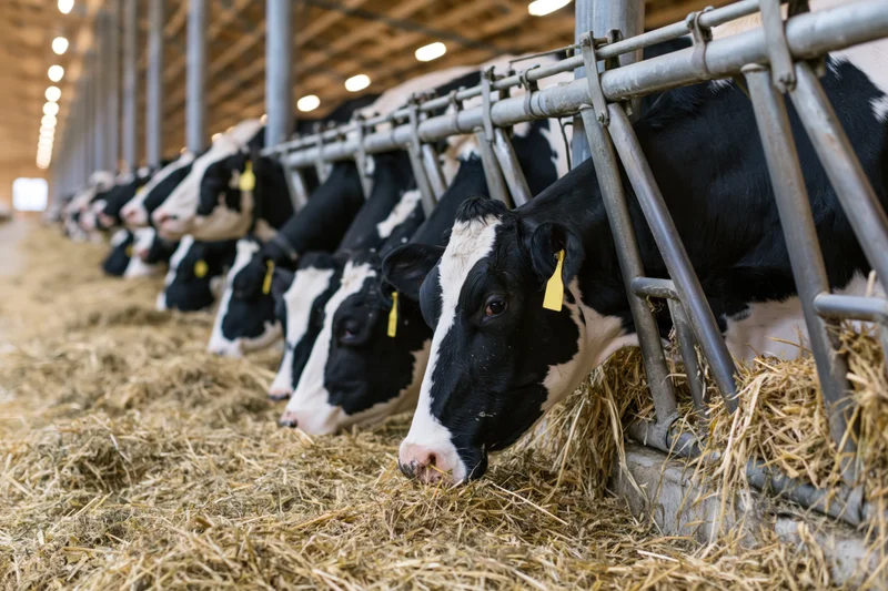 Row of holstein dairy cows feeding on hay in a barn
