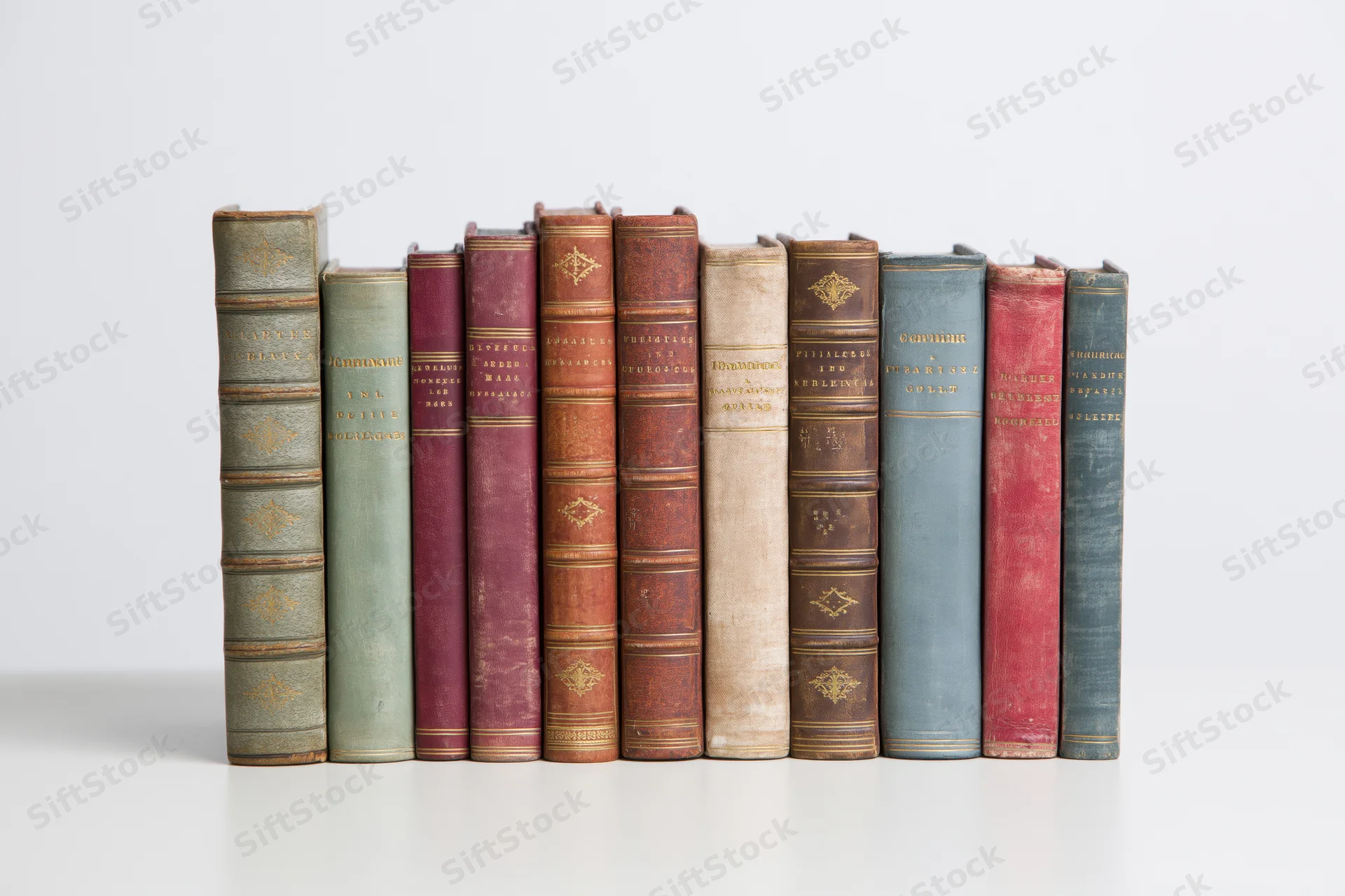 Row of antique hardcover books standing upright on a white surface