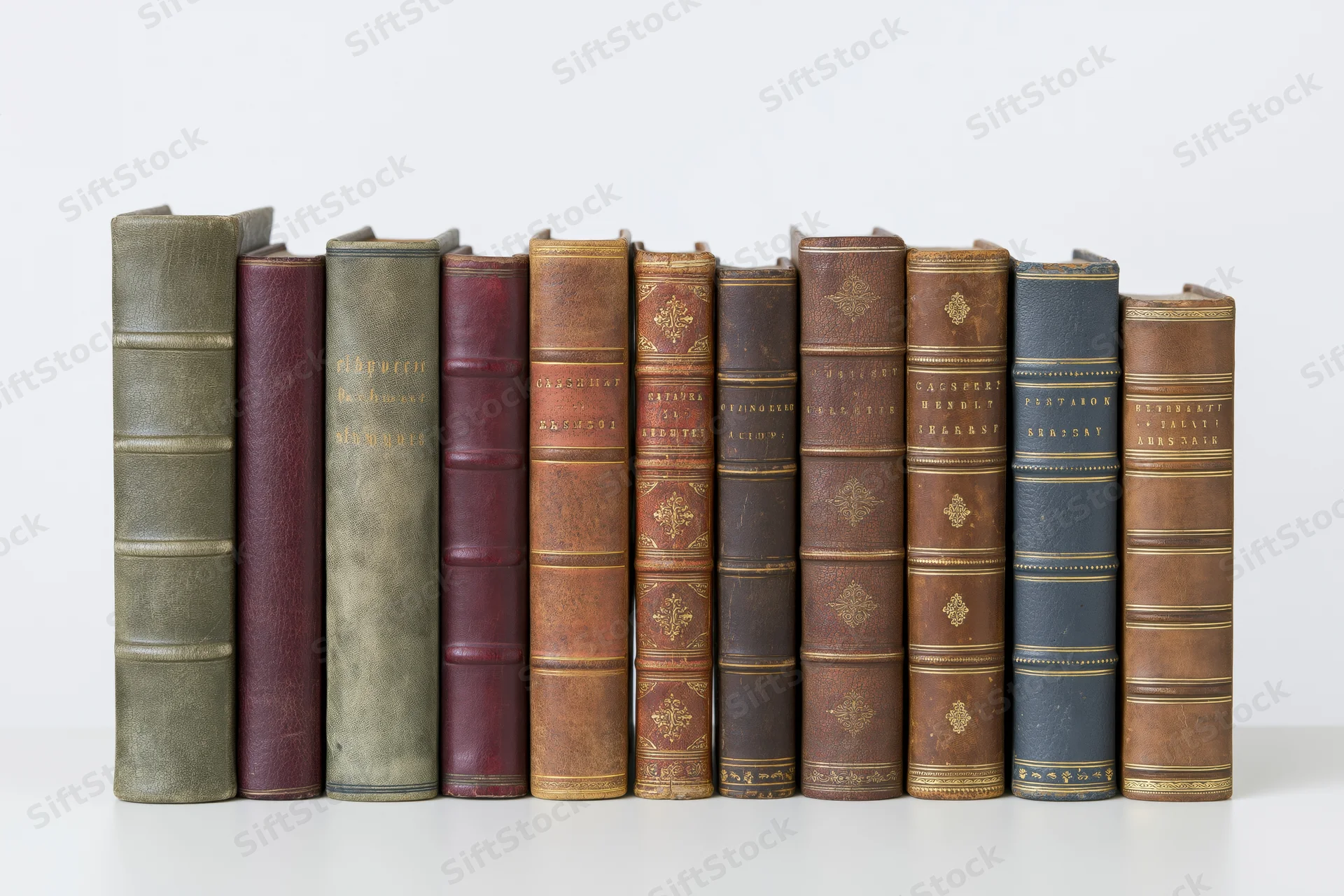 Row of antique hardcover books standing upright on a white surface