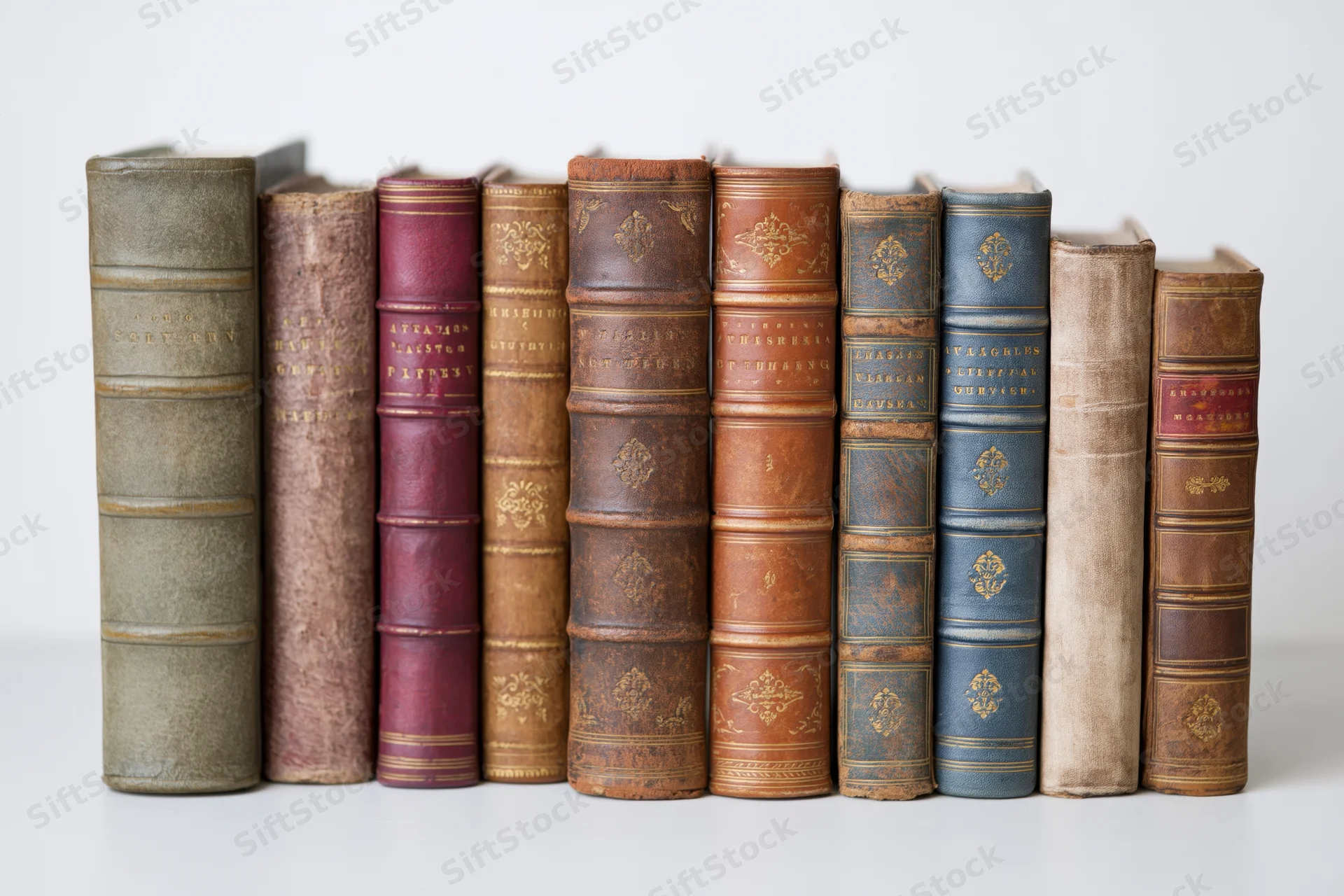 Row of antique hardcover books standing upright on white surface