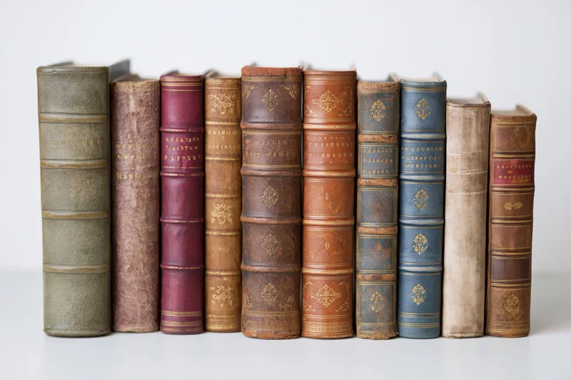 Row of antique hardcover books standing upright on white surface