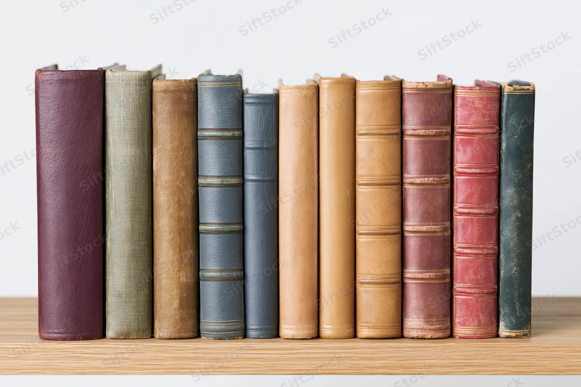 Vintage hardcover books standing upright on a wooden shelf