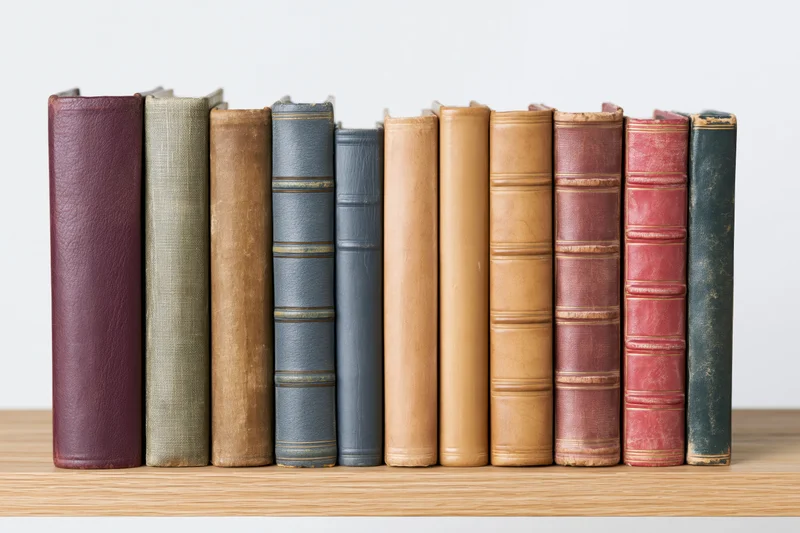 Vintage hardcover books standing upright on a wooden shelf
