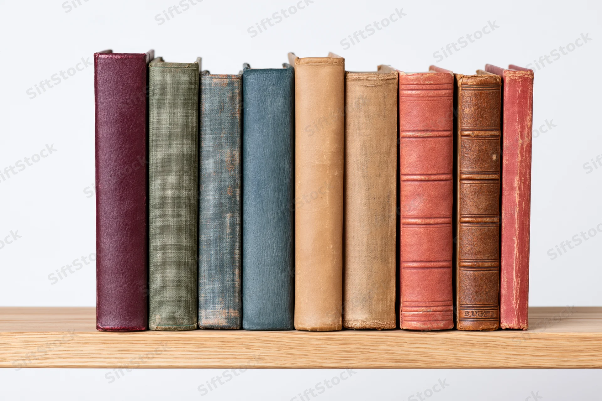 Row of vintage hardcover books standing upright on a wooden shelf