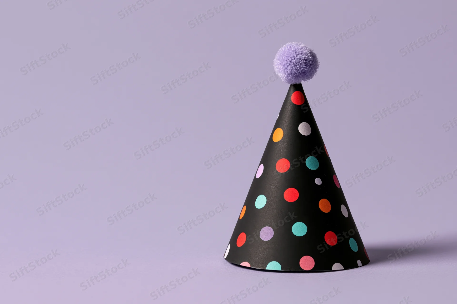 Black paper party hat with multicolored polka dots and purple pompon on lavender background