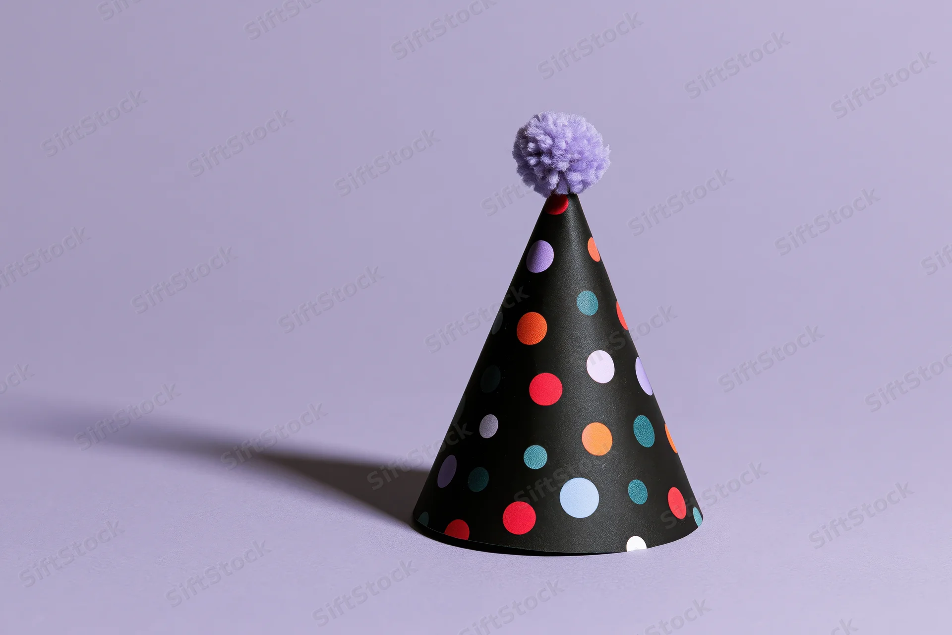 Black paper party hat with multicolored polka dots and purple pompon on lavender background