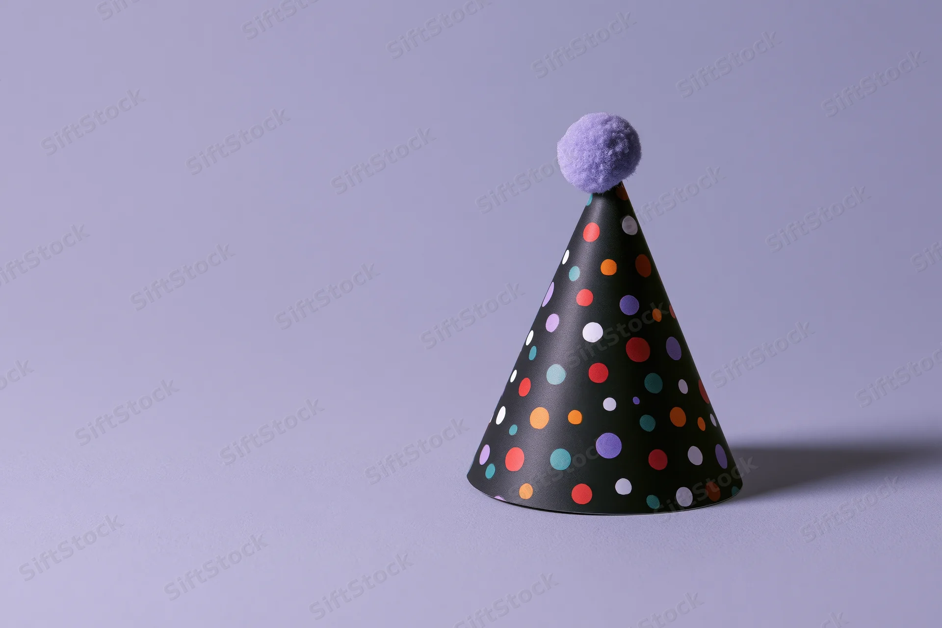 Black paper party hat with multicolored polka dots and purple pompon on plain surface