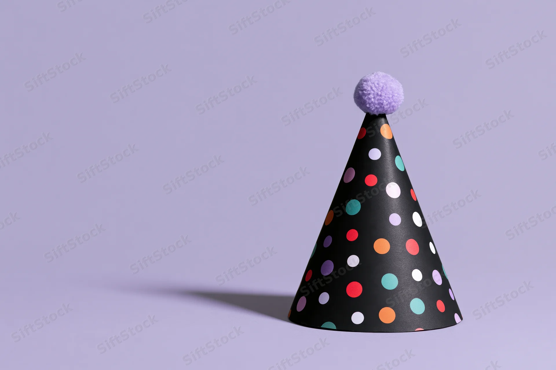 Black paper party hat with multicolored polka dots and purple pompon on lavender background