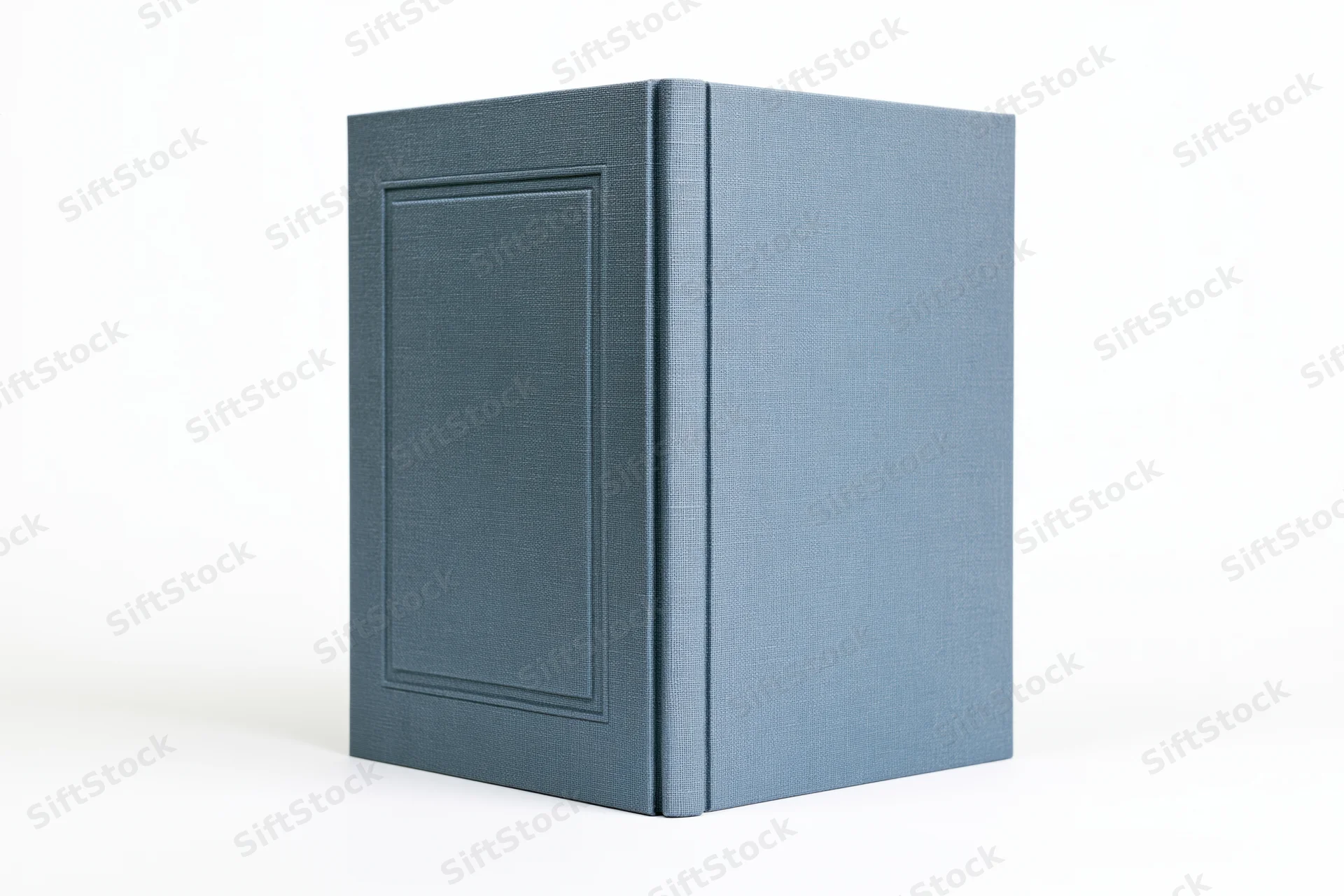 Blank hardcover book with muted slate-blue cloth binding on white background