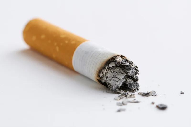 Single burnt cigarette butt lying on a plain white surface