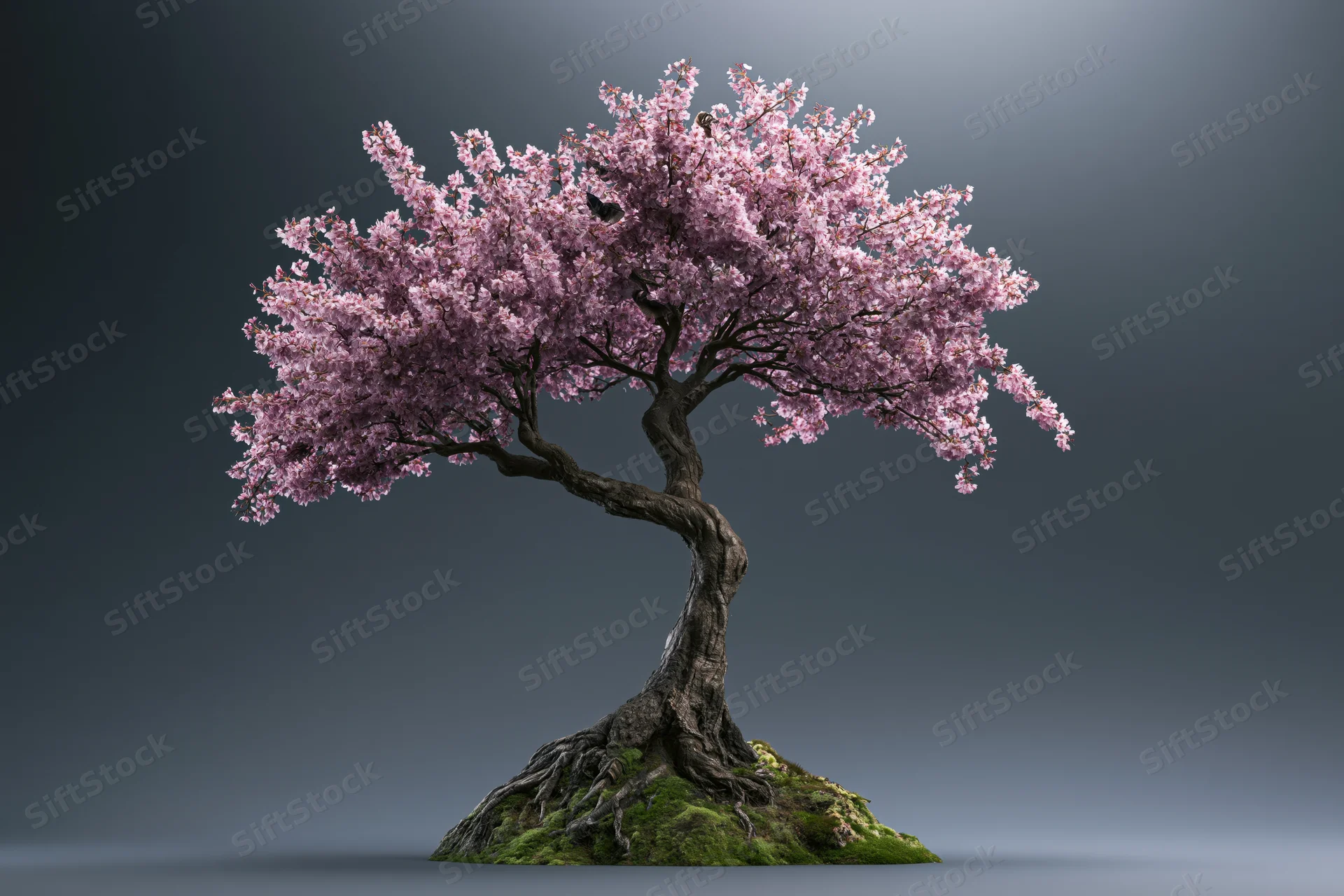 Cherry blossom tree in full bloom with gnarled trunk and exposed roots on mossy base against gray gradient background