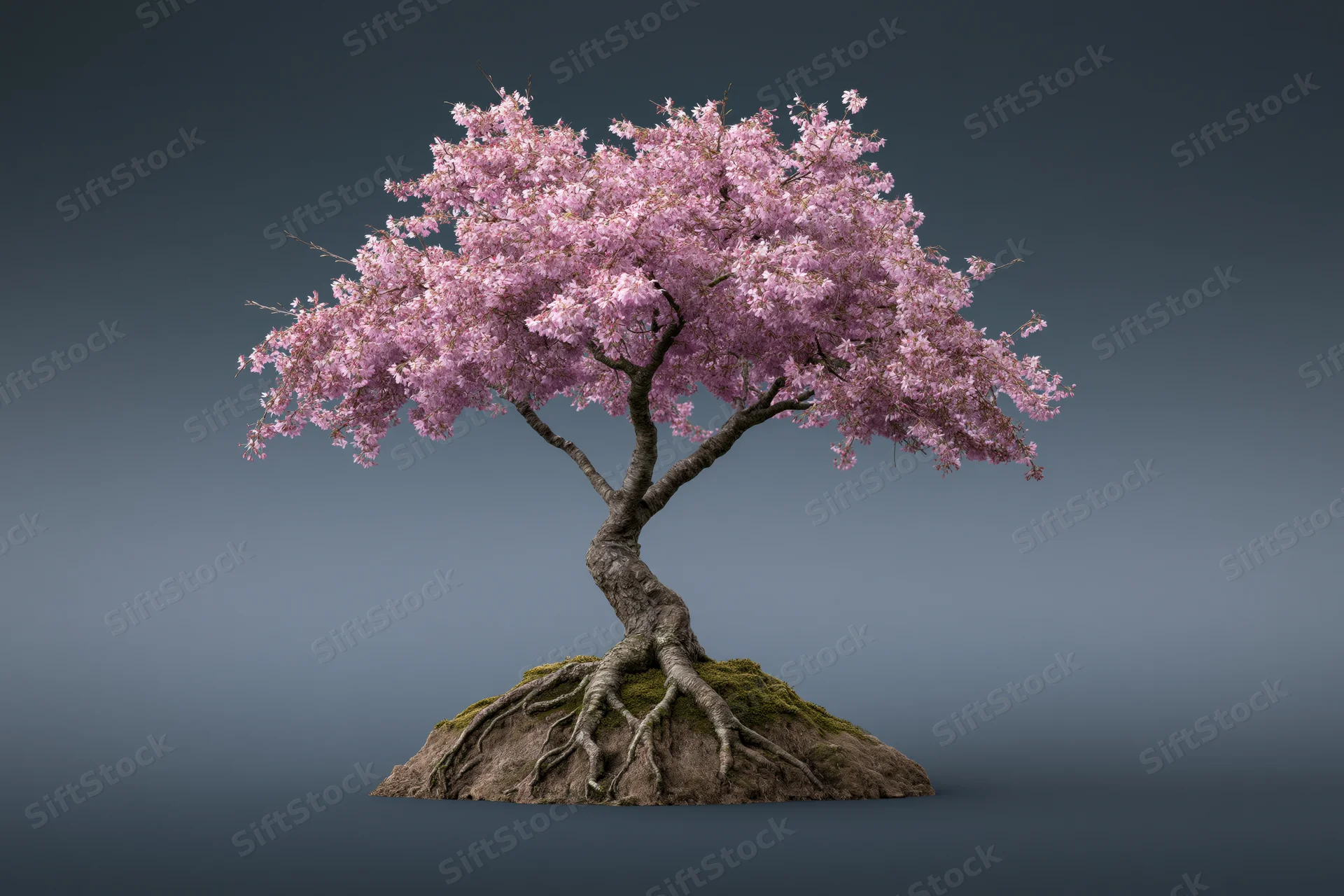Cherry blossom tree in full bloom with gnarled trunk and exposed roots on mossy rock against gradient background
