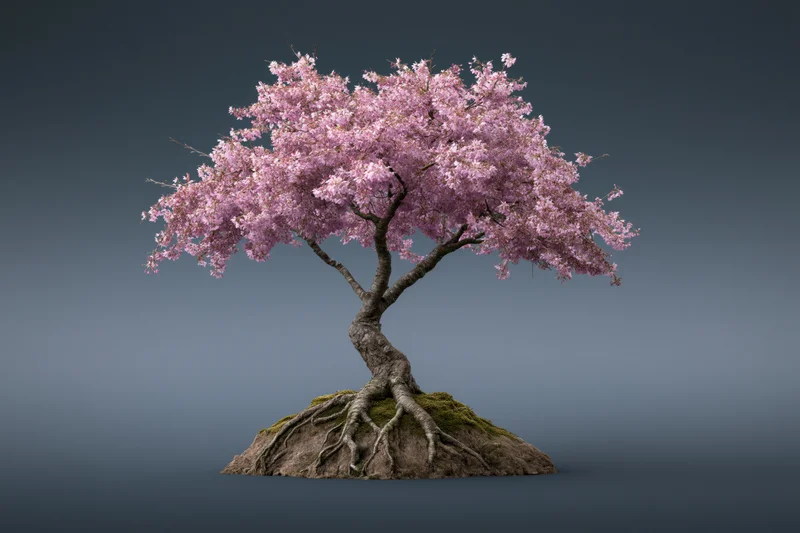 Cherry blossom tree in full bloom with gnarled trunk and exposed roots on mossy rock against gradient background
