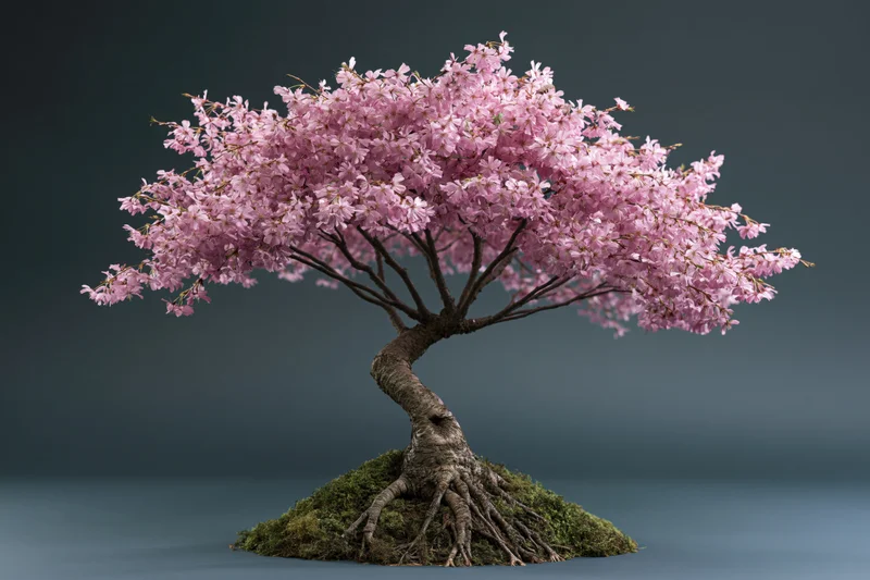 Bonsai cherry blossom tree in full bloom with gnarled trunk and mossy base on dark gradient background