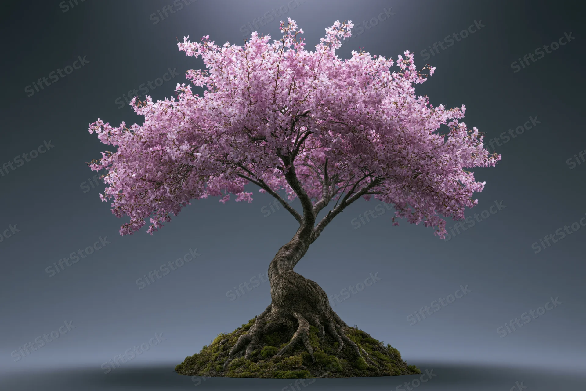 Cherry blossom tree in full bloom with gnarled trunk and mossy roots on a plain background