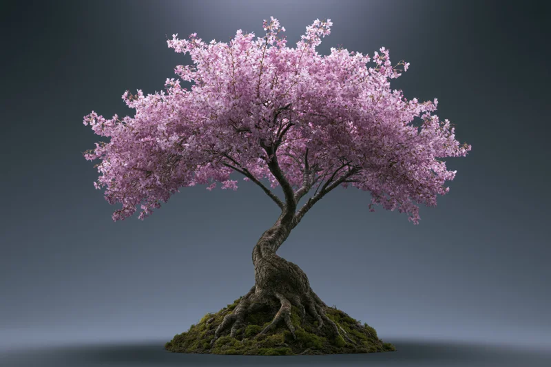 Cherry blossom tree in full bloom with gnarled trunk and mossy roots on a plain background