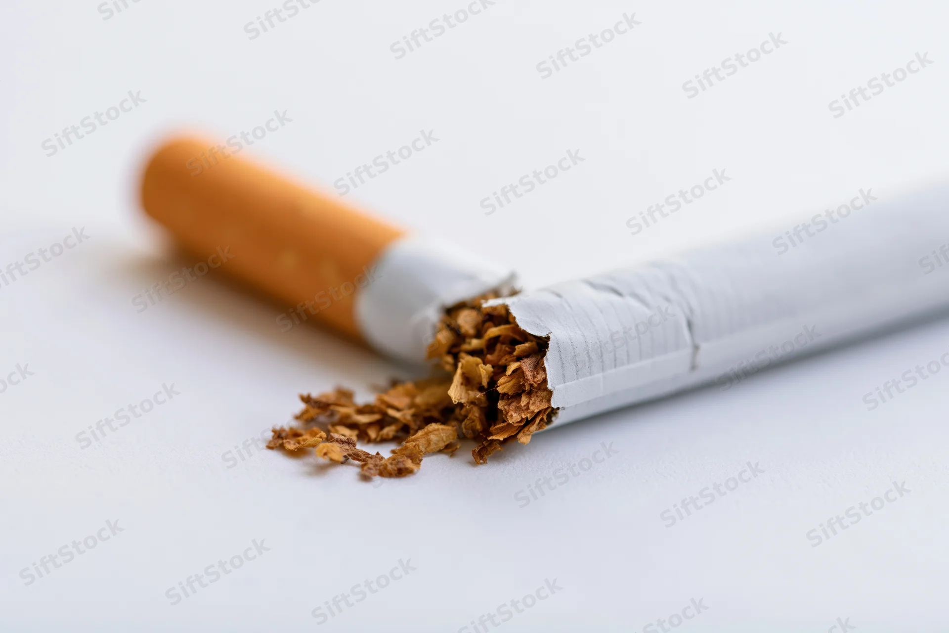 Broken cigarette snapped in half with tobacco spilling out on white surface