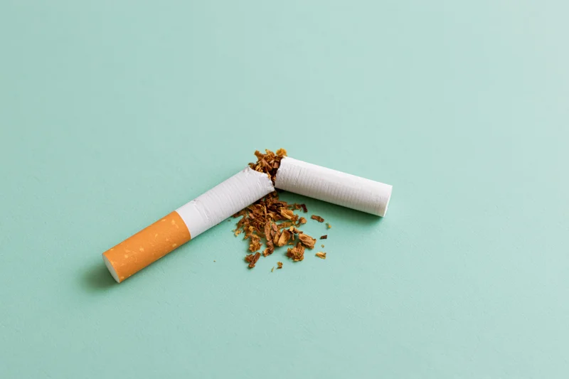 Broken cigarette with tobacco spilling on mint green surface