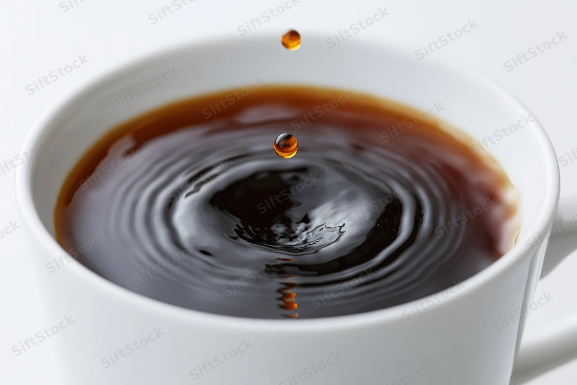 A drop of coffee suspended above a white cup with ripples forming on the surface