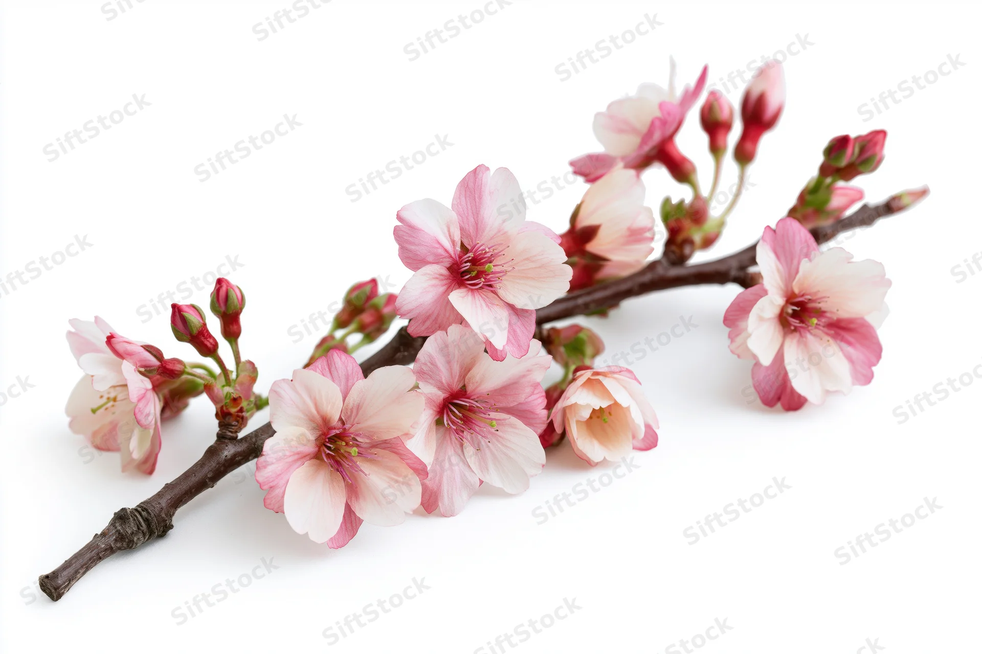 Cherry blossom branch with pink and white flowers on white background
