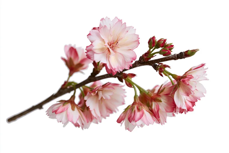 Cherry blossom branch with pink and white flowers blooming on a white background