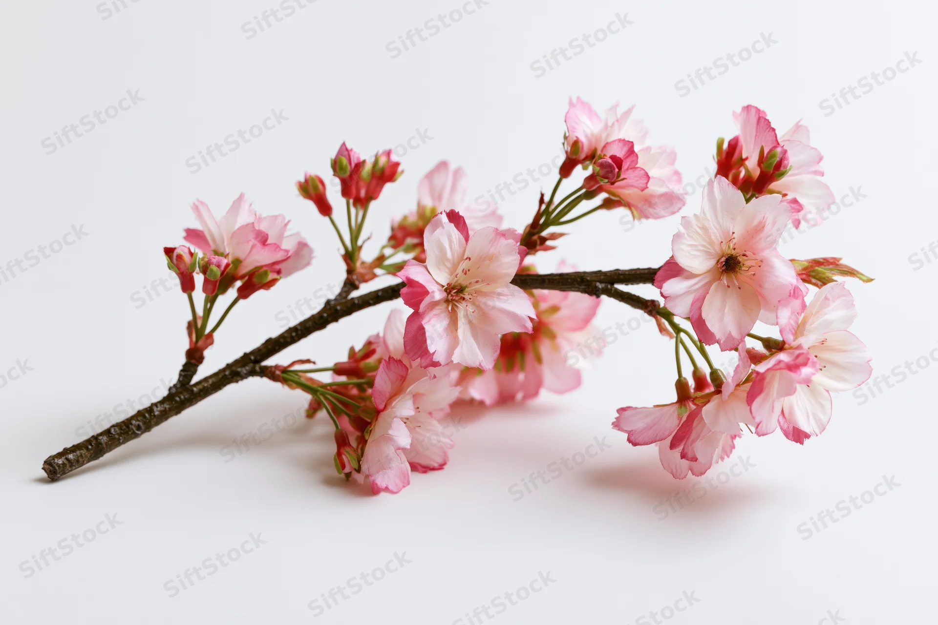 Cherry blossom branch with pink and white flowers on white background