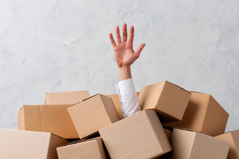 Arm reaching upward from a pile of cardboard boxes against a white wall